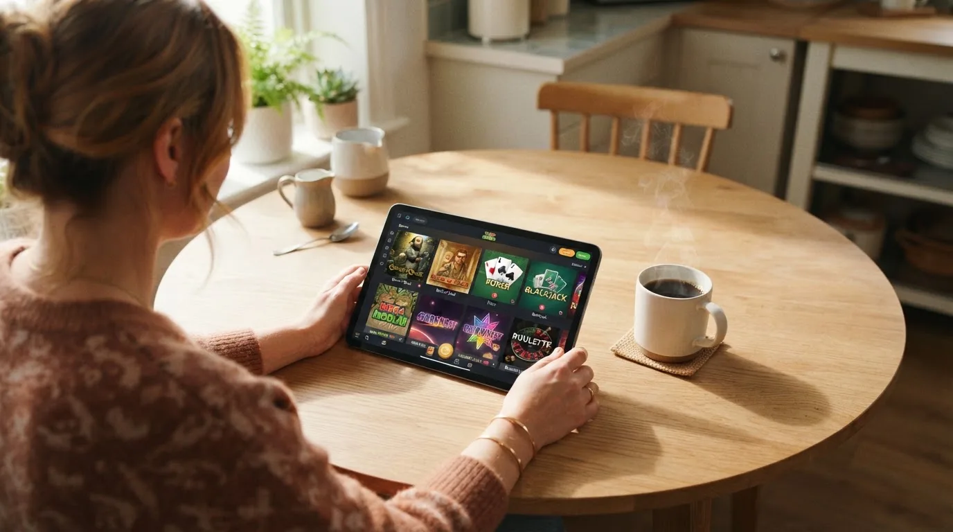 Een persoon bekijkt op een tablet een overzicht van casinospellen aan een keukentafel, met een kop koffie ernaast.