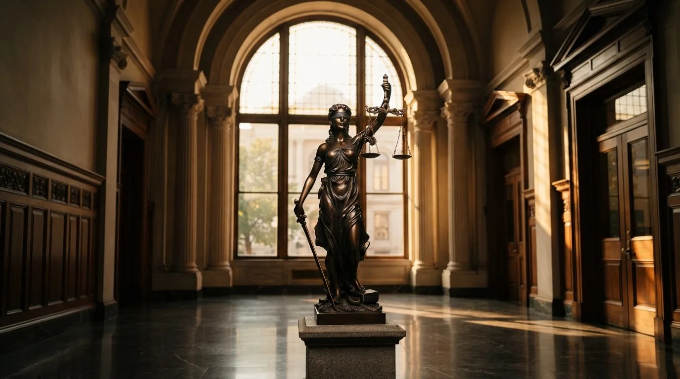 Een bronzen vrouwe Justitia met weegschaal staat voor een grote raampartij in een statig gerechtsgebouw, met zacht ochtendlicht.