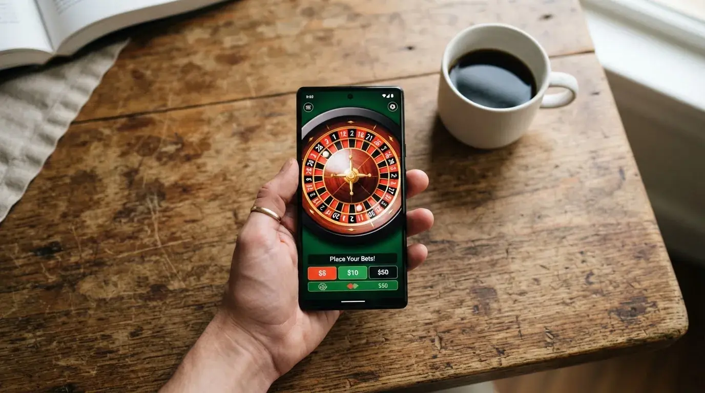 Een hand houdt een smartphone vast boven een houten tafel met een kopje koffie ernaast, in zacht daglicht.