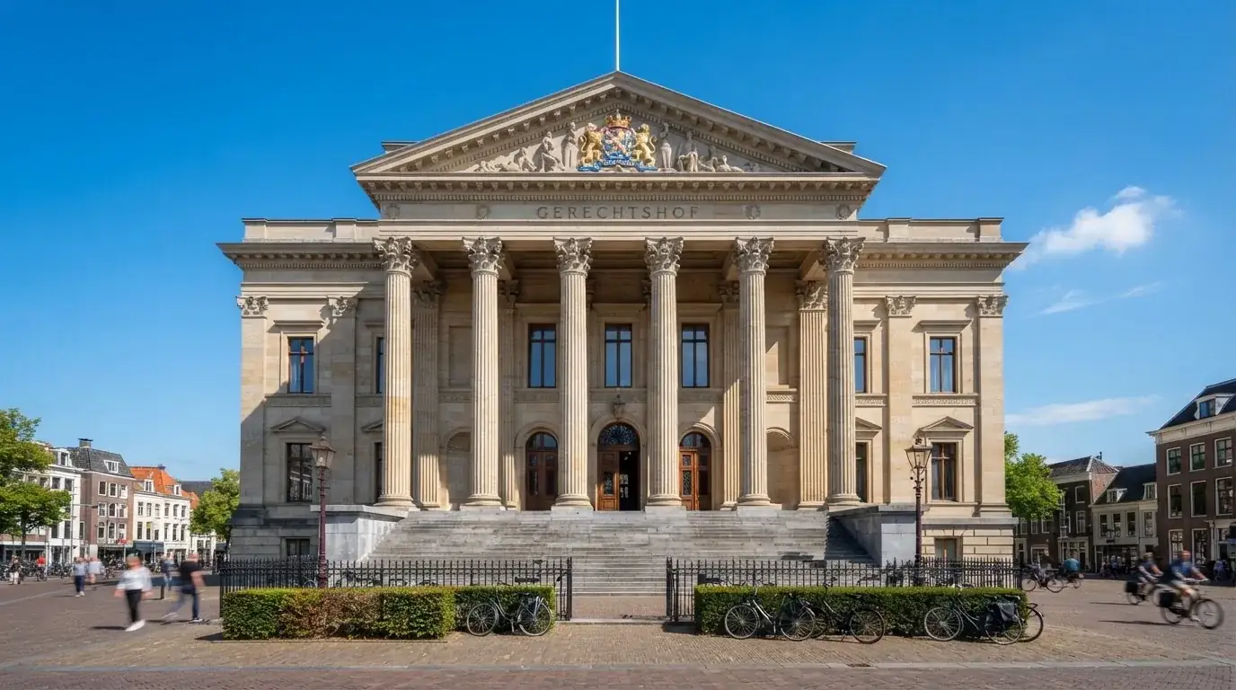 Een statig gerechtsgebouw met brede trappen en zuilen staat onder een heldere hemel in een Nederlandse stad.