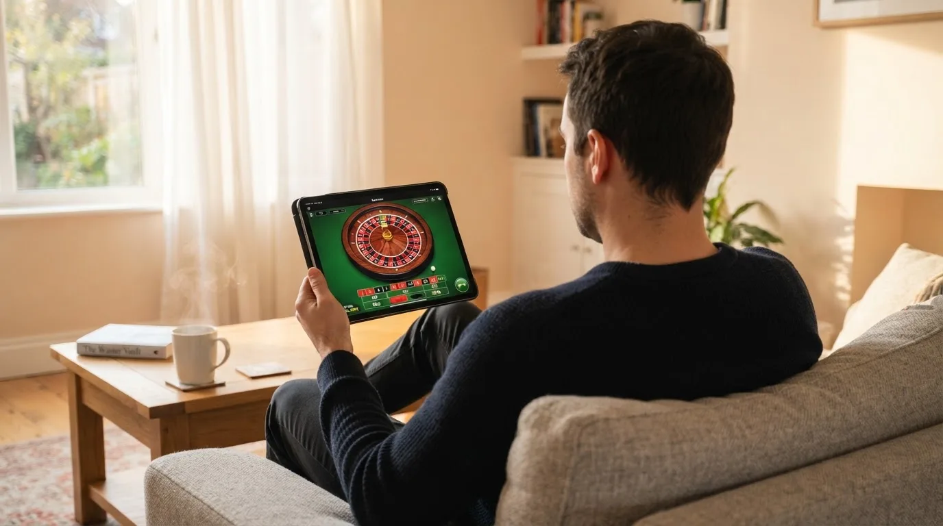 Een man bekijkt ontspannen een tablet op de bank in een lichte woonkamer met een kop koffie op de salontafel.