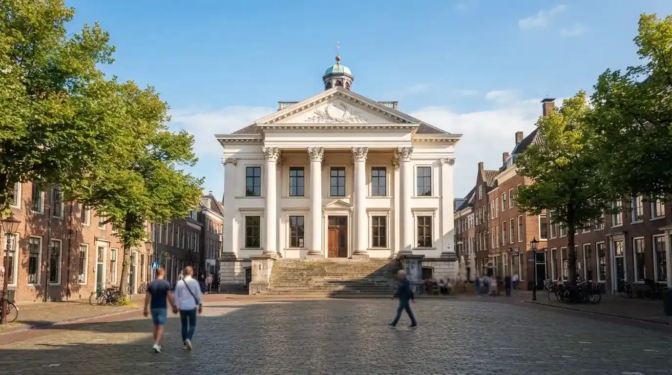 Een klassiek gerechtsgebouw met hoge zuilen staat onder een blauwe lucht in een Nederlandse binnenstad.
