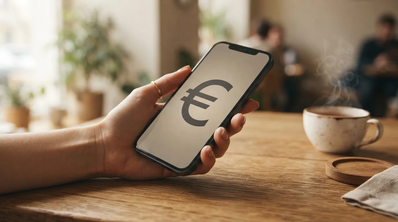 Een hand houdt een smartphone vast boven een houten tafel met een kopje thee ernaast, in zacht daglicht.
