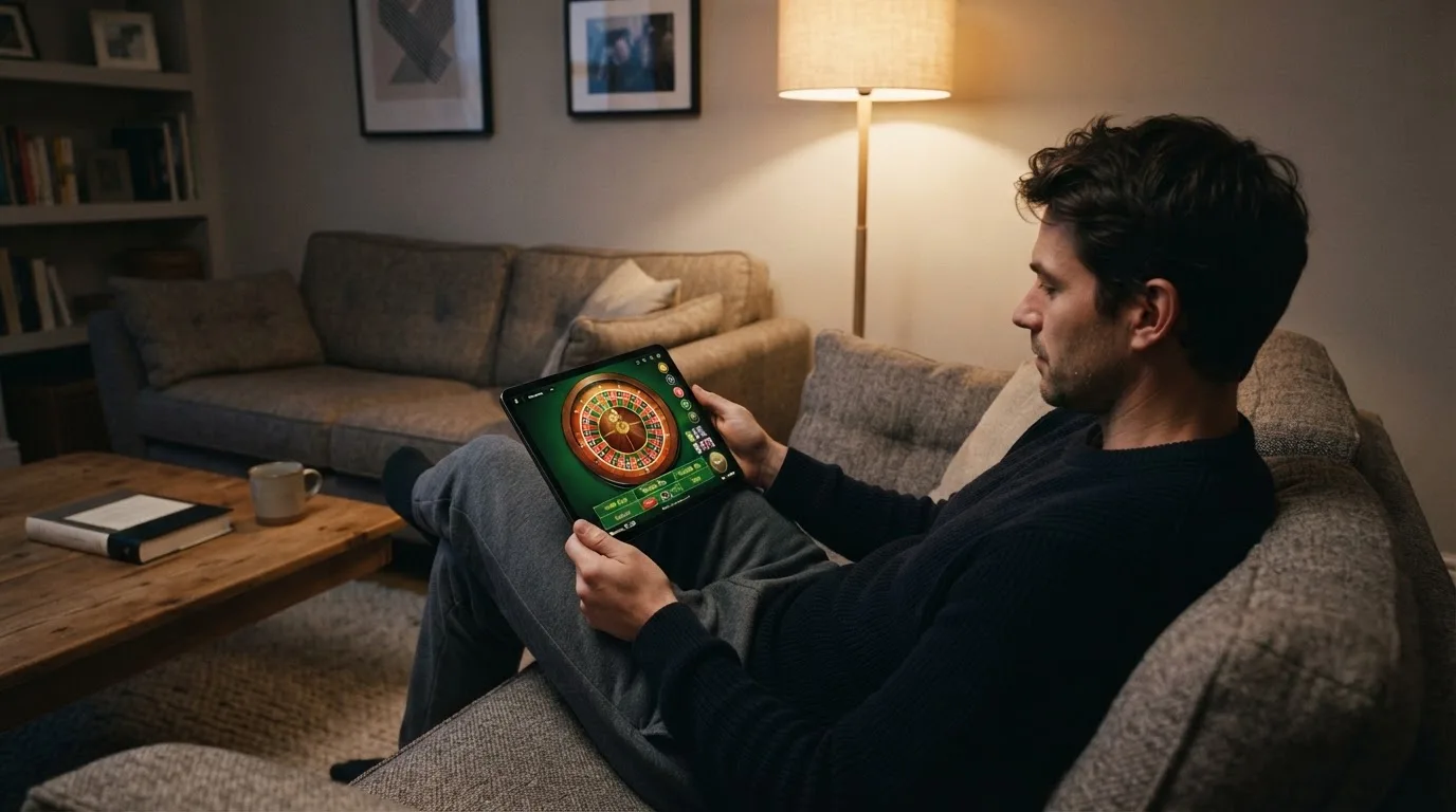 Een man bekijkt laat op de avond een tablet op de bank, verlicht door een staande lamp in een rustige woonkamer.