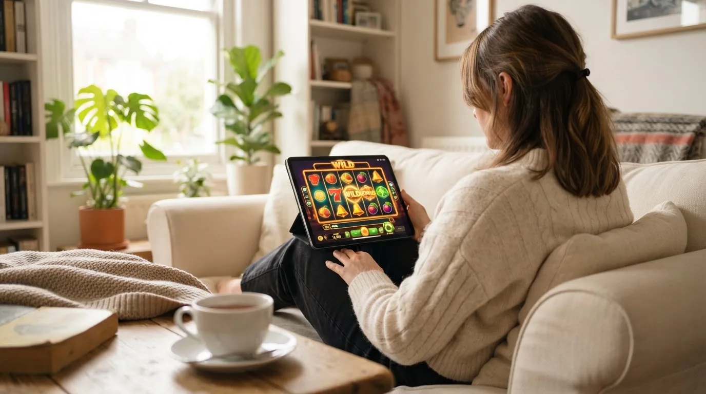 Een vrouw bekijkt ontspannen een tablet op de bank in een lichte woonkamer met een kop thee op de salontafel.