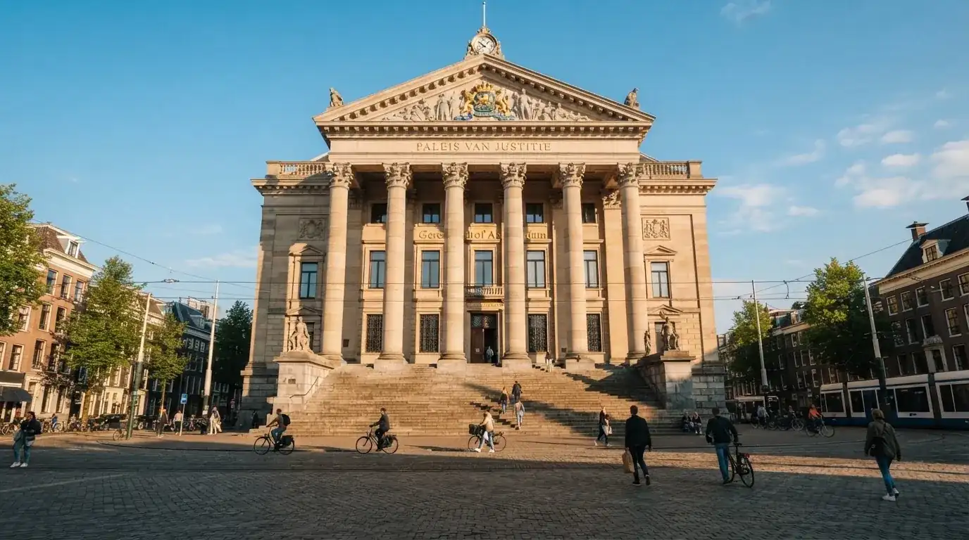 Een klassiek gerechtsgebouw met hoge zuilen staat onder een blauwe lucht in een Nederlandse binnenstad.