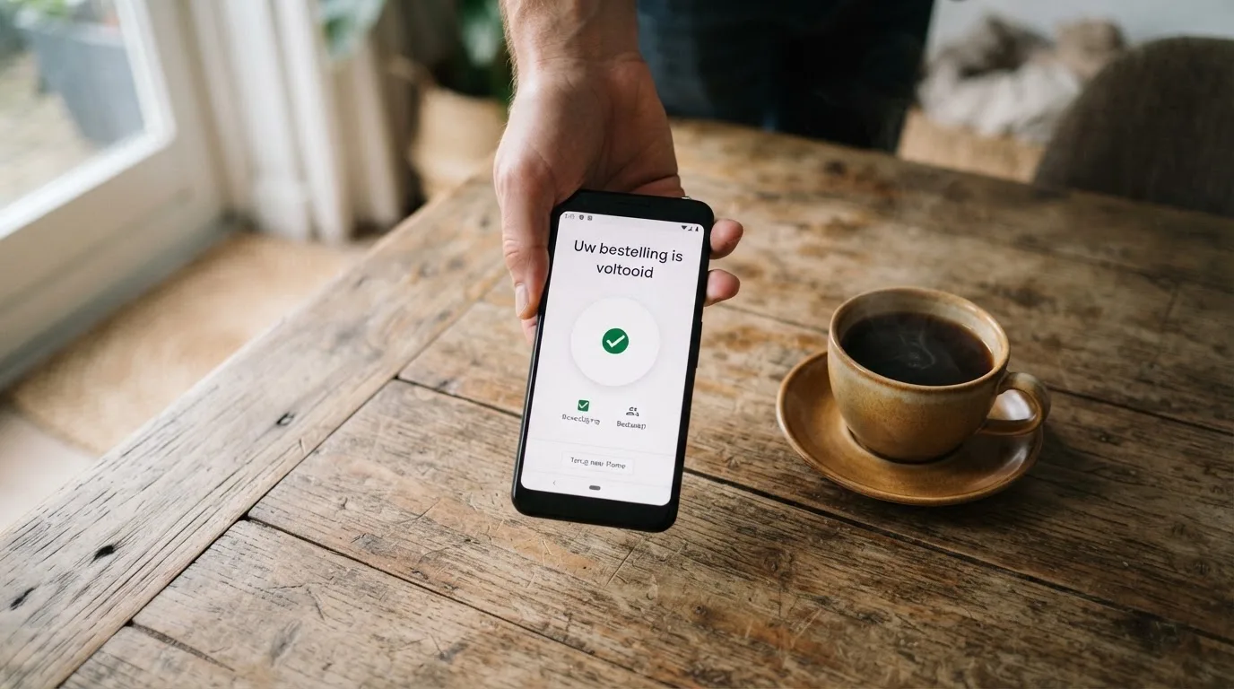 Een hand houdt een smartphone vast boven een houten tafel met een kopje koffie ernaast, in zacht daglicht.