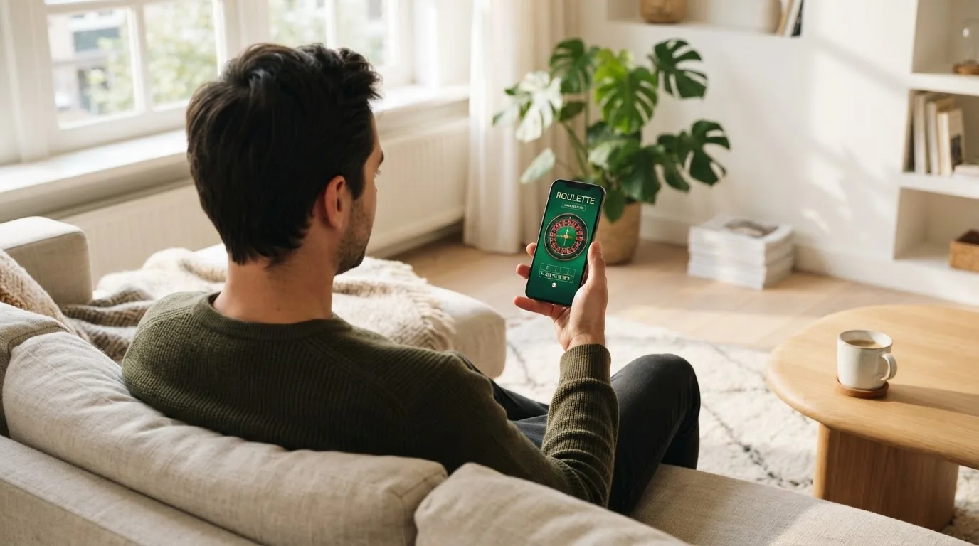 Een man bekijkt ontspannen zijn telefoon op de bank in een lichte woonkamer met een kop koffie op de salontafel.