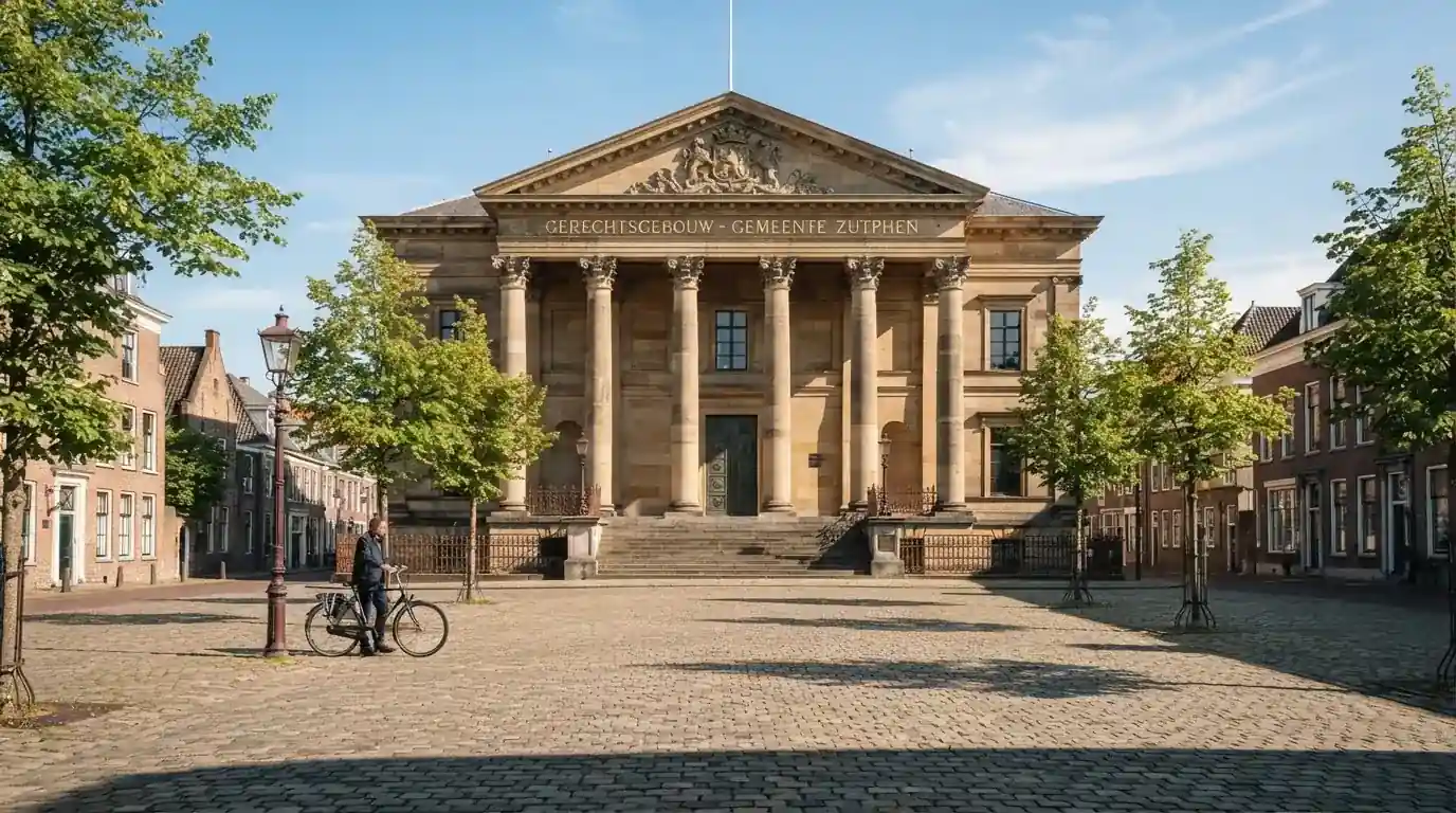 Een klassiek gerechtsgebouw met zuilen staat onder een blauwe lucht in een rustige Nederlandse stad.