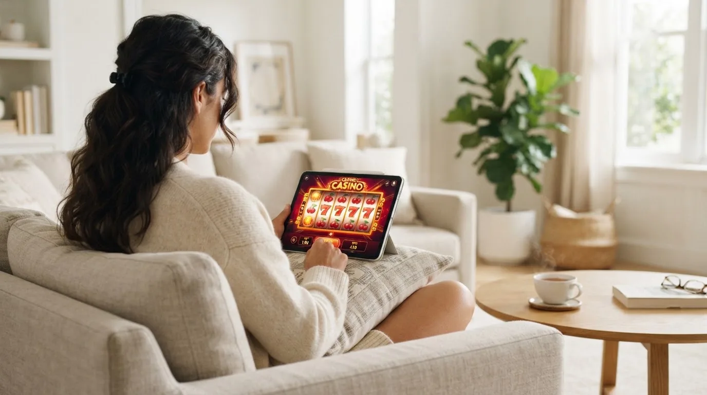 Een vrouw bekijkt ontspannen een tablet op de bank in een lichte woonkamer met een kop thee op de salontafel.