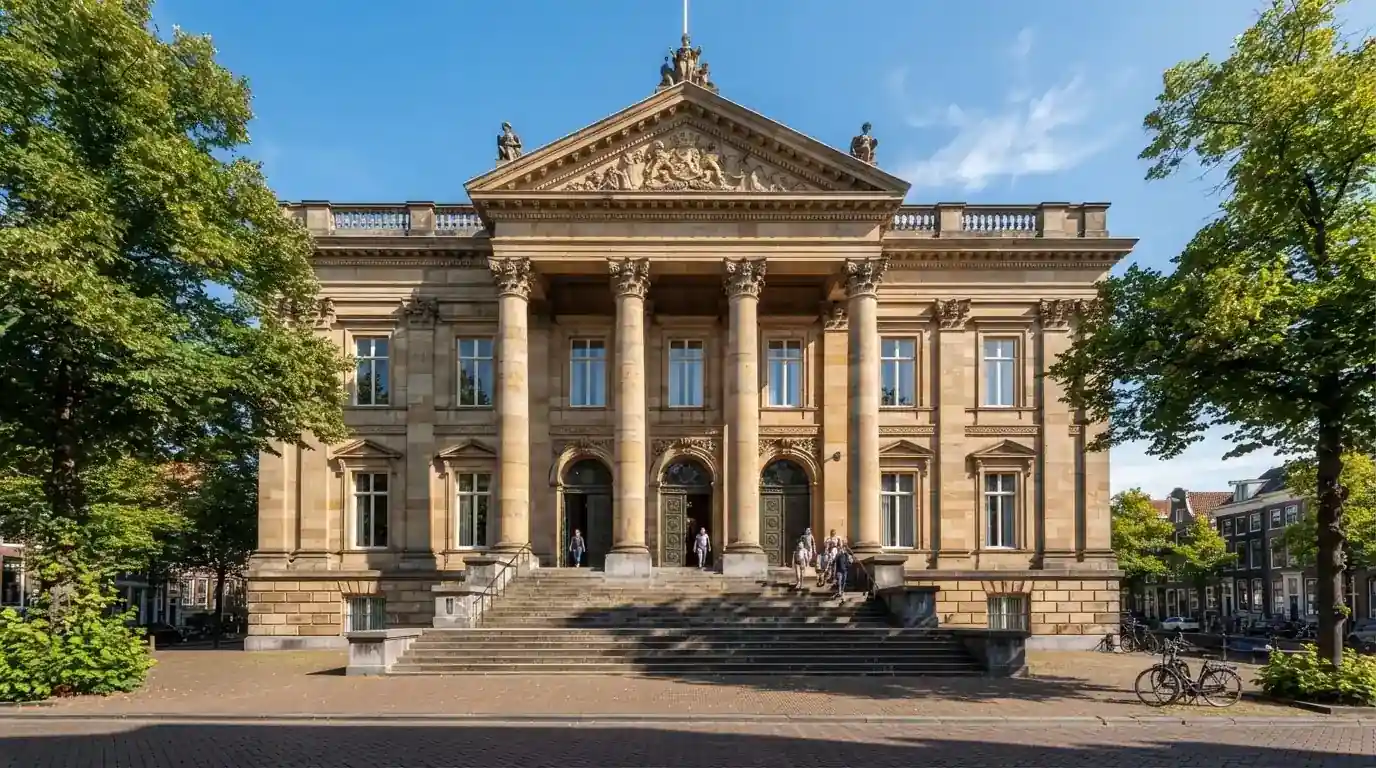 Een klassiek gerechtsgebouw met hoge zuilen staat onder een heldere hemel in een Nederlandse stad.