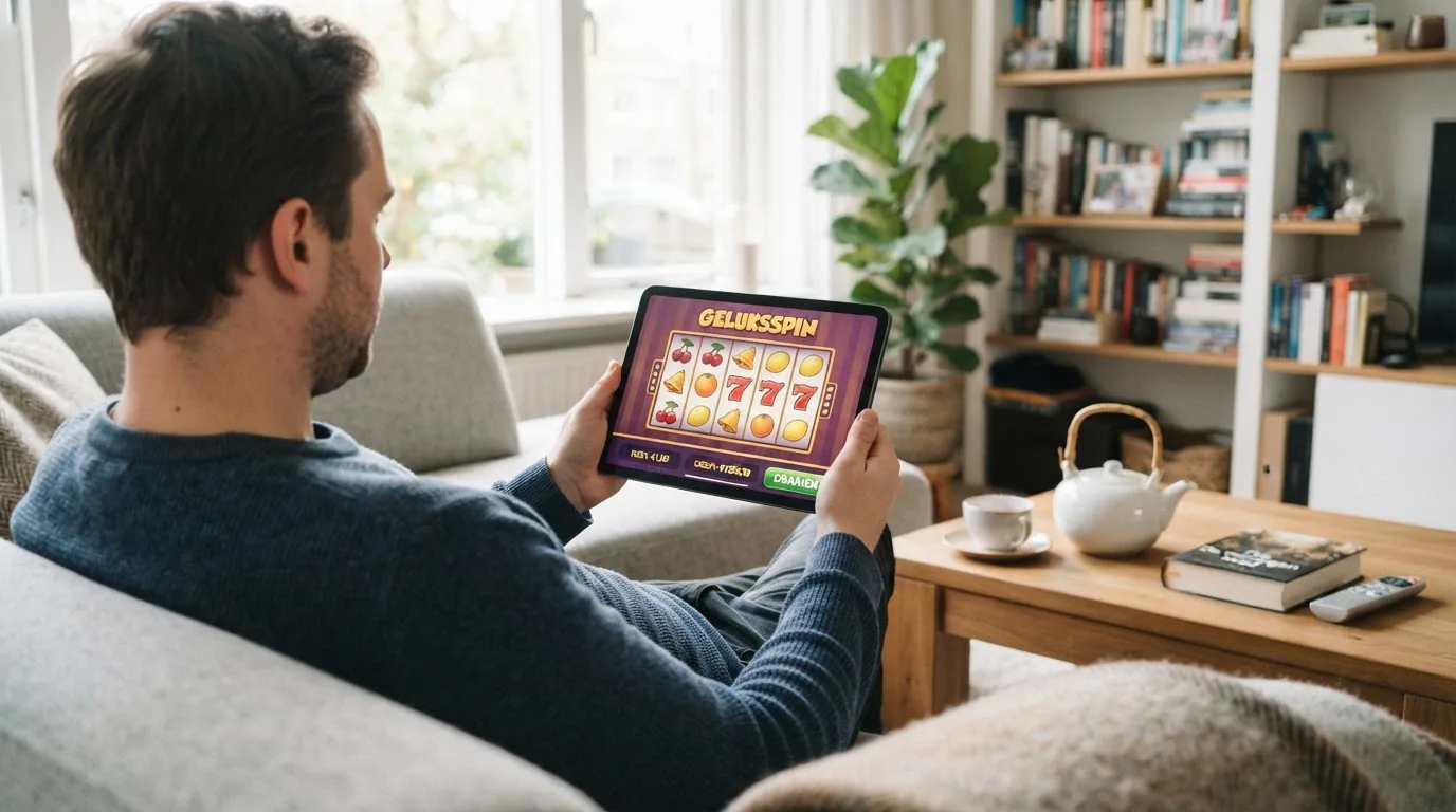 Een man bekijkt ontspannen een tablet op de bank in een lichte woonkamer met een kop thee op de salontafel.