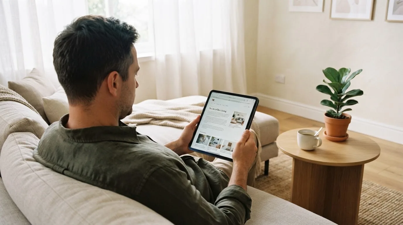 Een man bekijkt ontspannen een tablet op de bank in een lichte woonkamer met een kop koffie op de salontafel.