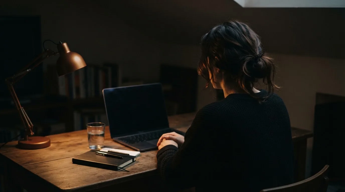 Een persoon zit alleen aan een bureau en kijkt peinzend naar een laptop met het scherm uit, in gedimd licht.