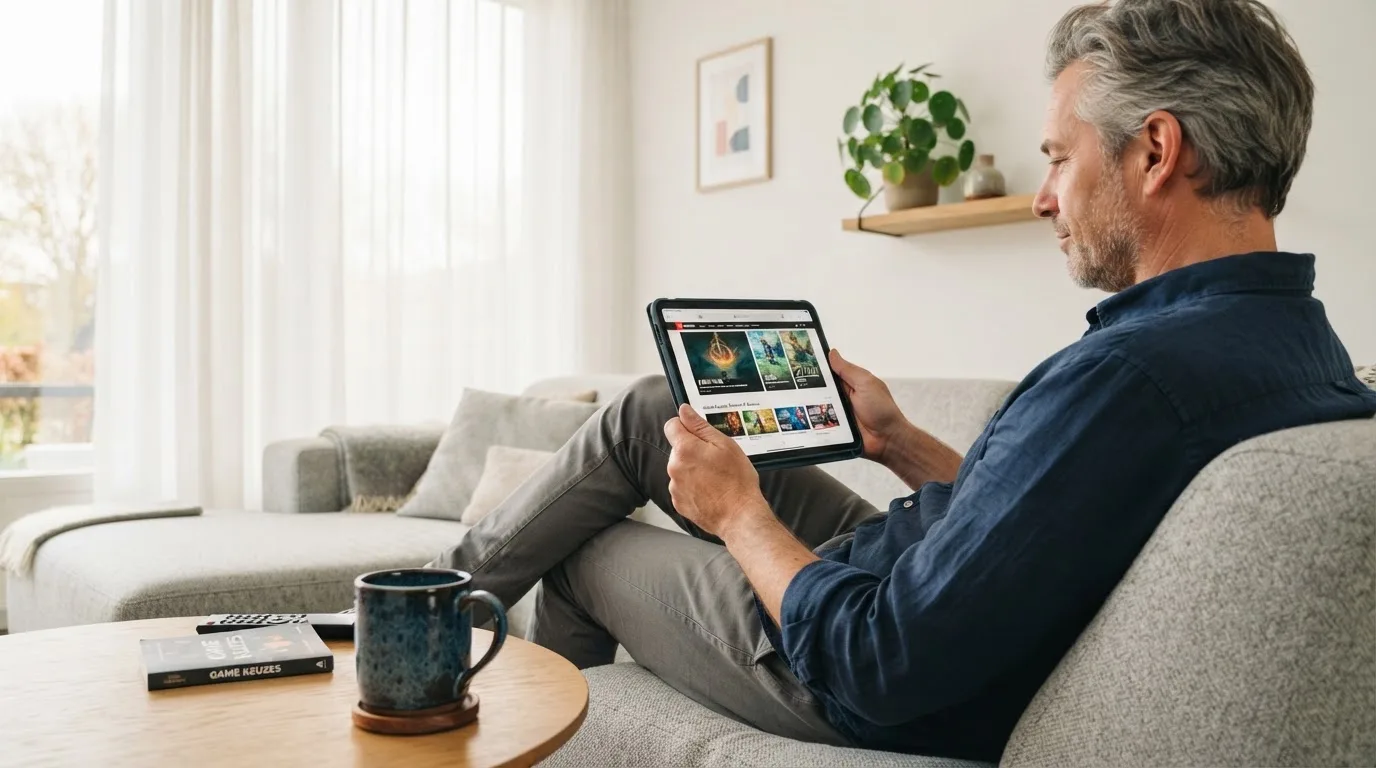 Een man bekijkt ontspannen een tablet op de bank in een lichte woonkamer met een kop koffie op de salontafel.