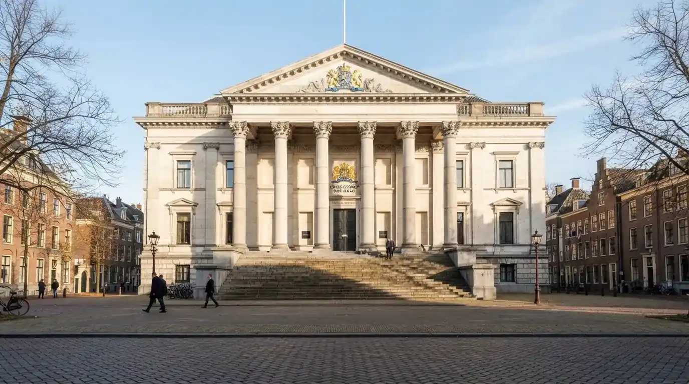 Een klassiek gerechtsgebouw met hoge zuilen staat onder een heldere hemel in een Nederlandse stad.