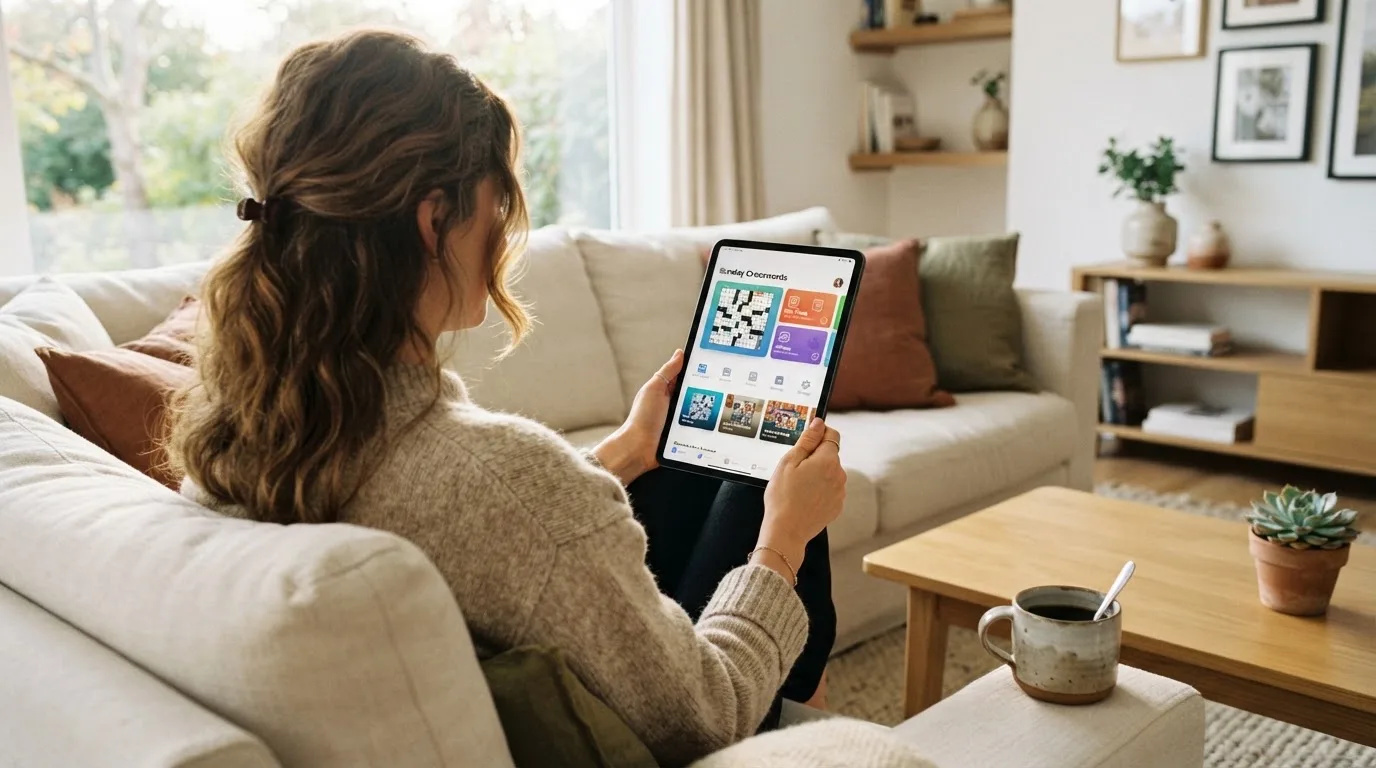 Een vrouw bekijkt ontspannen een tablet op de bank in een lichte woonkamer met een kop koffie op de salontafel.