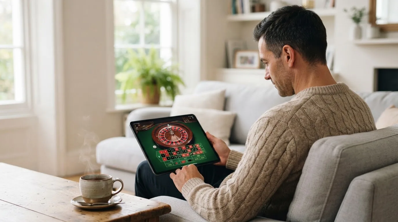 Een man bekijkt ontspannen een tablet op de bank in een lichte woonkamer met een kop thee op de salontafel.
