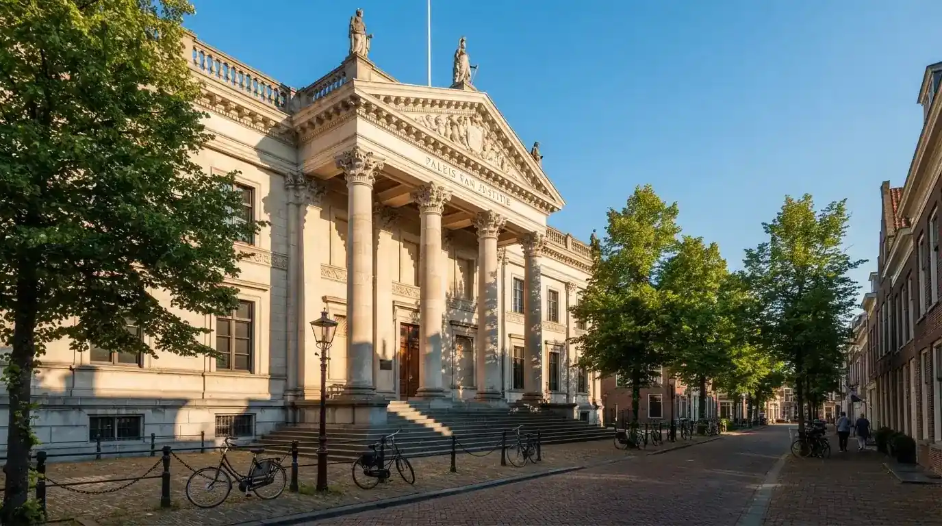 Een klassiek gerechtsgebouw met hoge zuilen staat onder een heldere hemel in een Nederlandse stad.