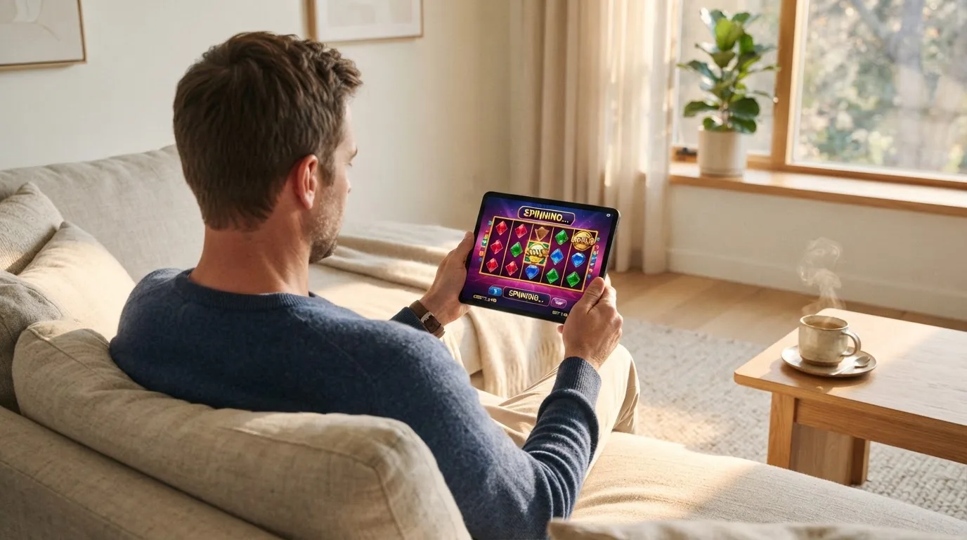 Een man bekijkt ontspannen een tablet op de bank in een lichte woonkamer met een kop koffie op de salontafel.