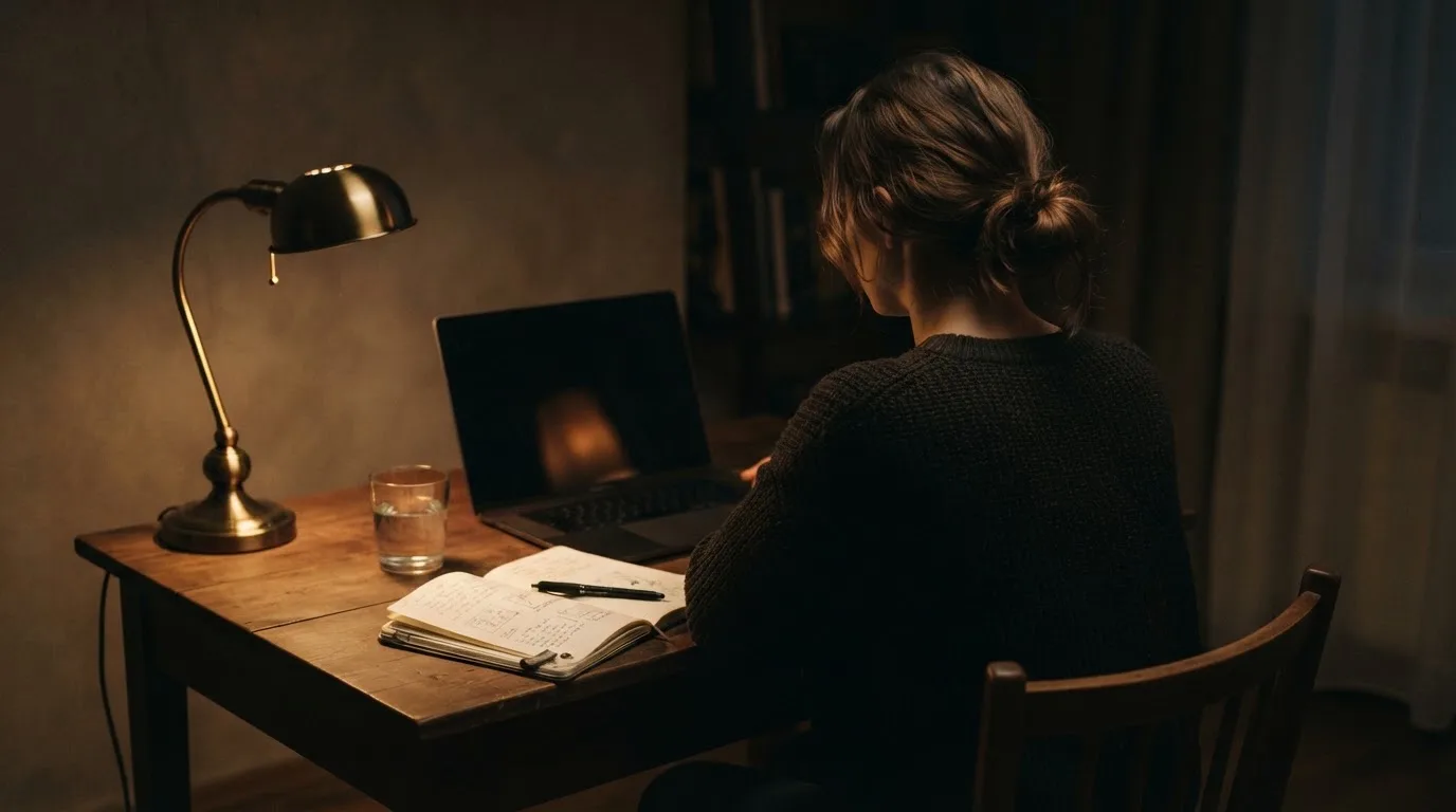 Een persoon zit alleen aan een bureau en kijkt peinzend naar een laptop met het scherm uit, in gedimd licht.