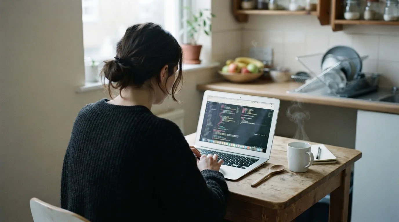 Een persoon zit alleen aan een keukentafel en kijkt peinzend naar een laptop, met een kop koffie ernaast in het vroege ochtendlicht.