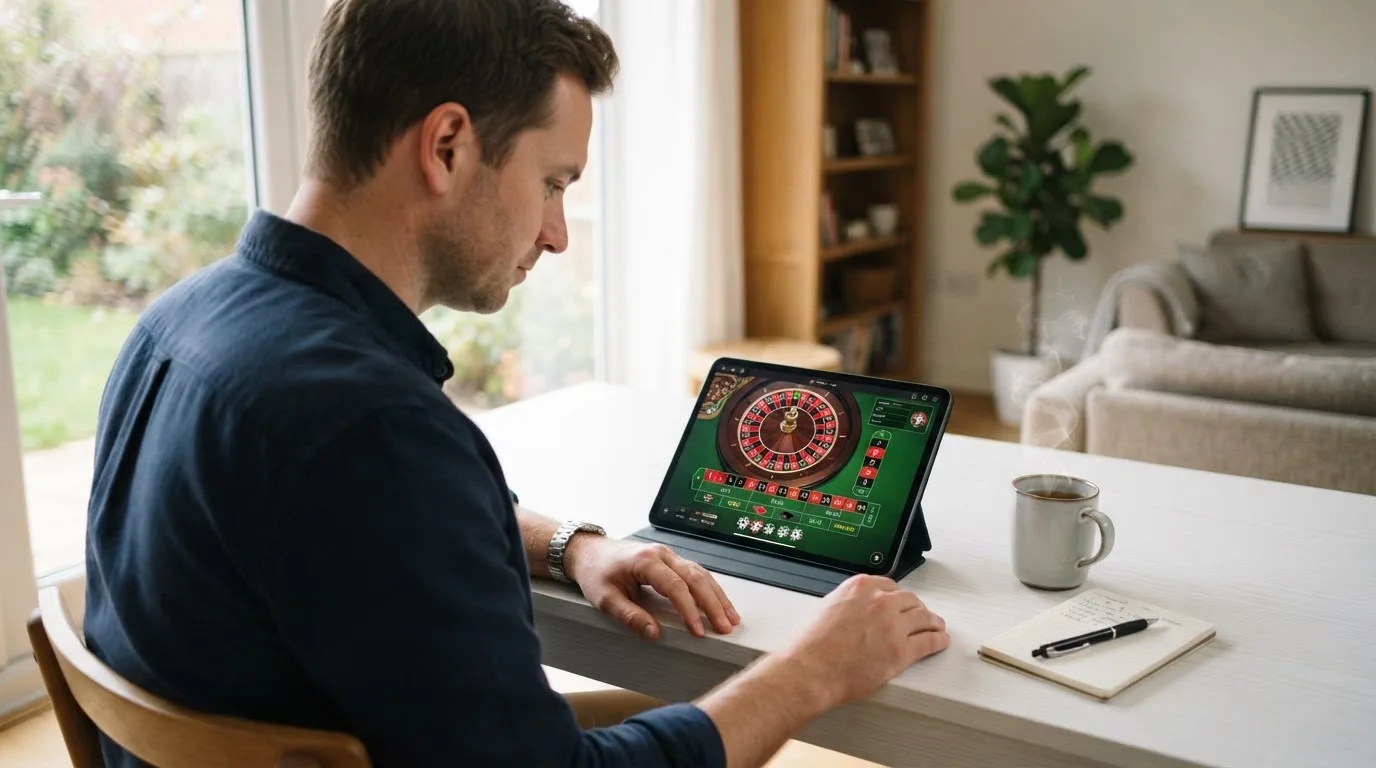 Een man zit aan een bureau in een lichte woonkamer en kijkt naar het scherm van een tablet die naast een kop thee ligt.