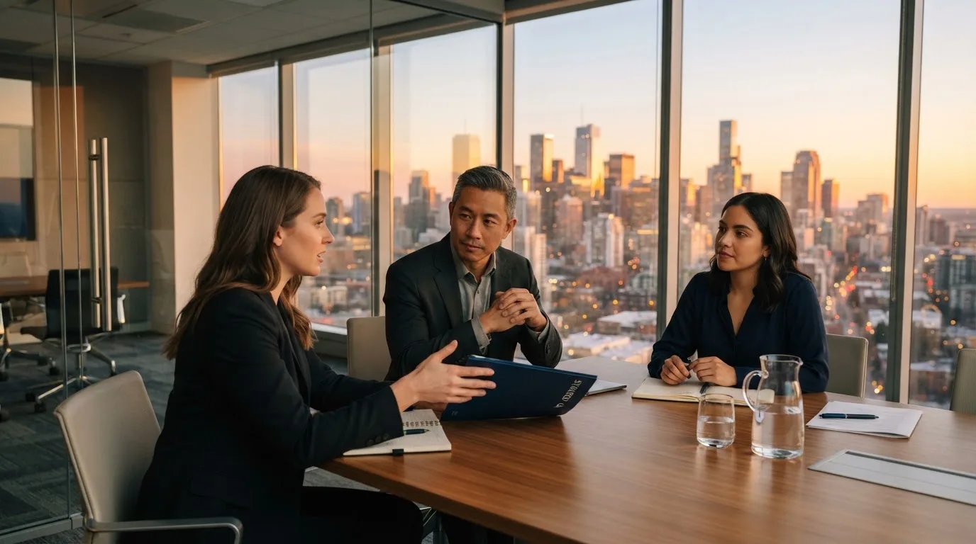 Een klein team overlegt rond een tafel in een glazen vergaderruimte met uitzicht op een stedelijke skyline bij zonsondergang.