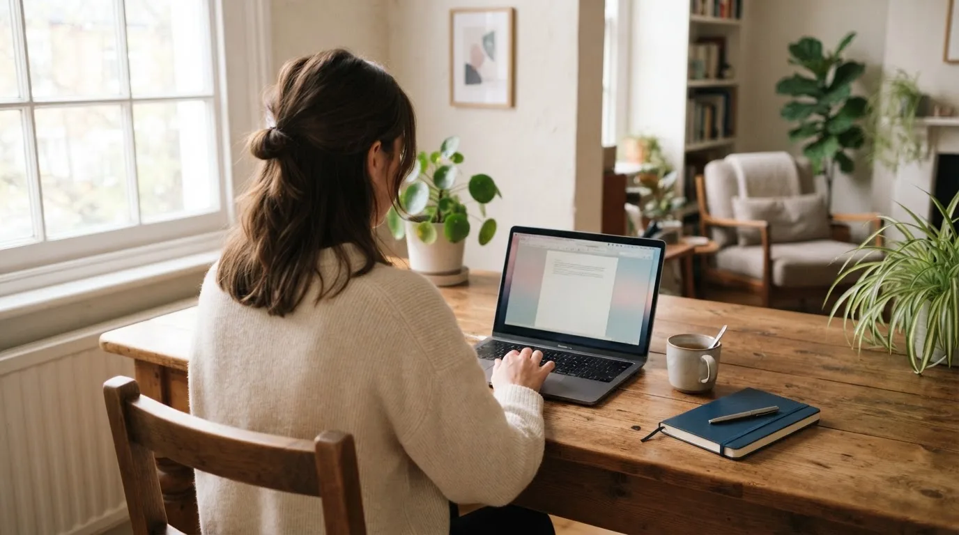 Een vrouw zit aan een houten bureau en bekijkt rustig het scherm van een laptop in een lichte woonkamer.