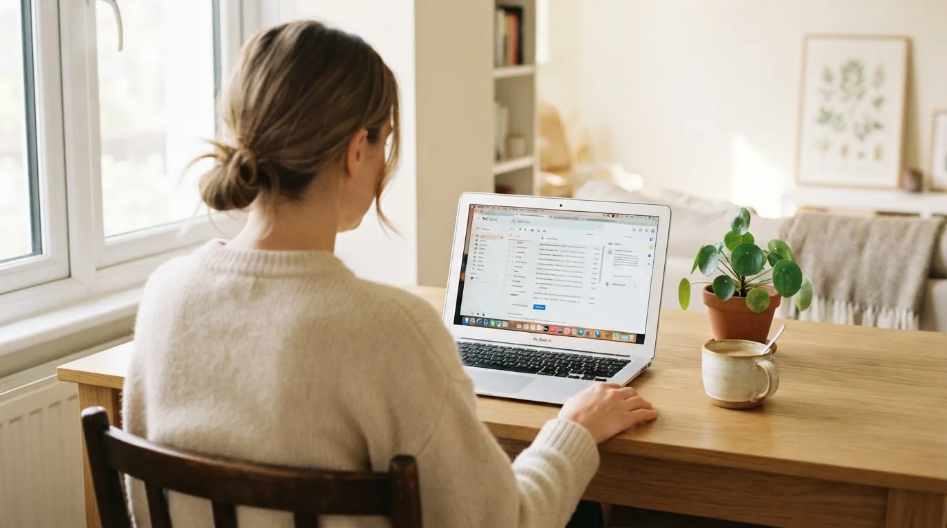 Een vrouw zit aan een houten bureau en bekijkt rustig het scherm van een laptop in een lichte woonkamer.