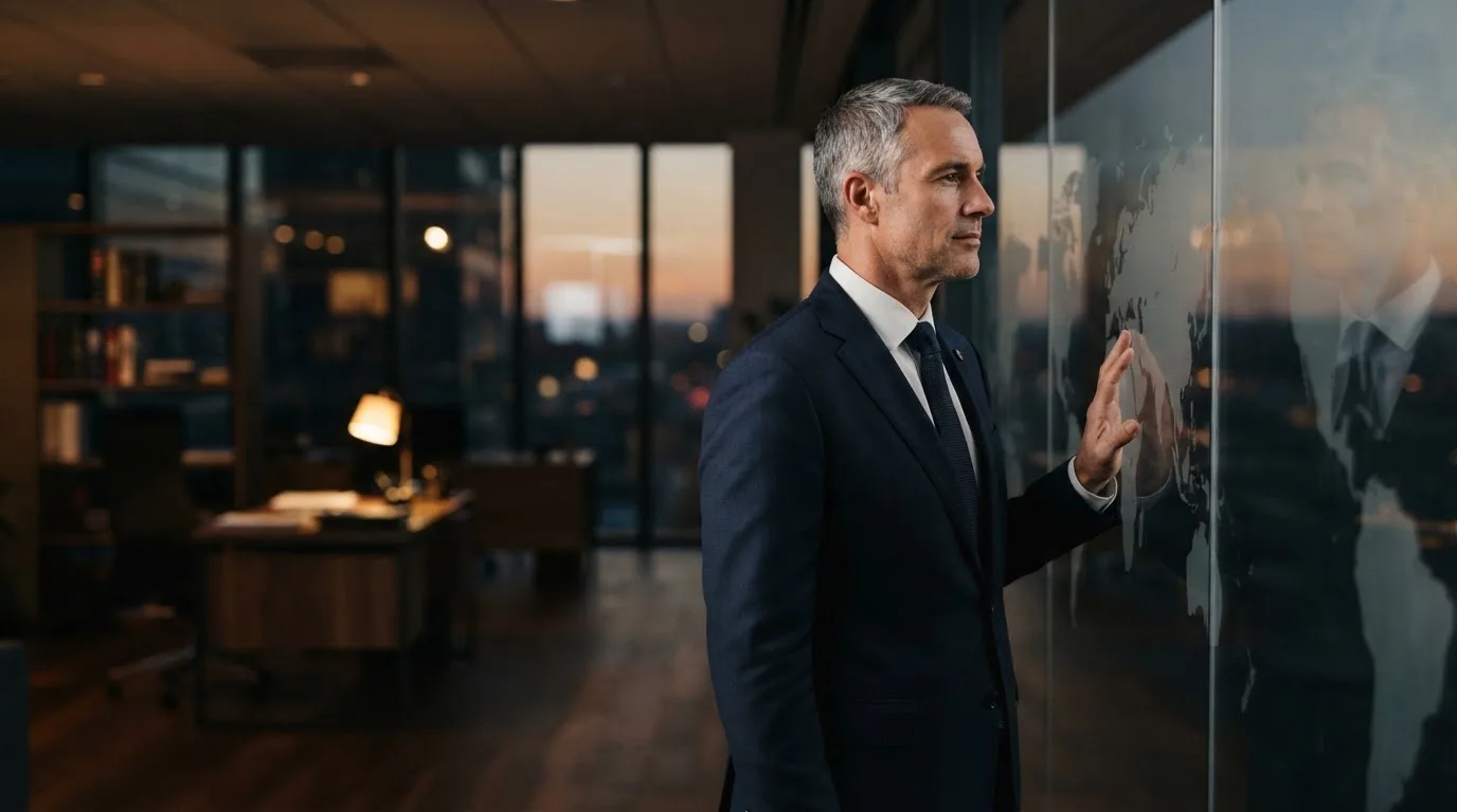 Een jurist in kostuum staat voor een grote glazen wand met een wereldkaart in een modern kantoor tijdens de avondschemering.