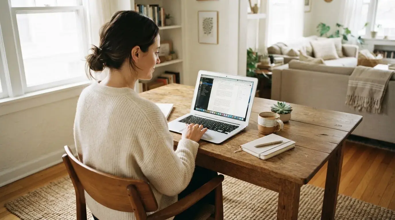 Een vrouw zit aan een houten bureau en bekijkt rustig het scherm van een laptop in een lichte woonkamer.