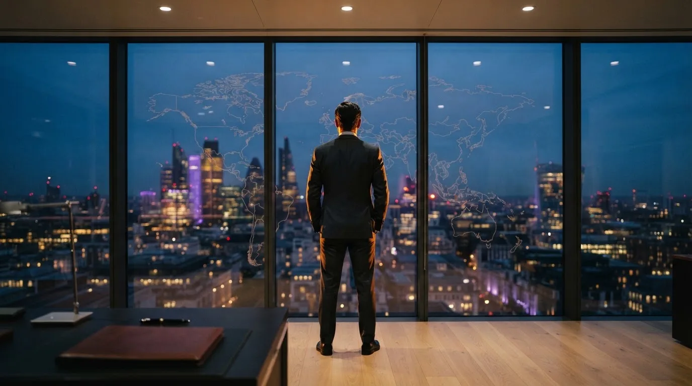Een jurist in kostuum staat voor een grote glazen wand met een wereldkaart in een modern kantoor tijdens de avondschemering.