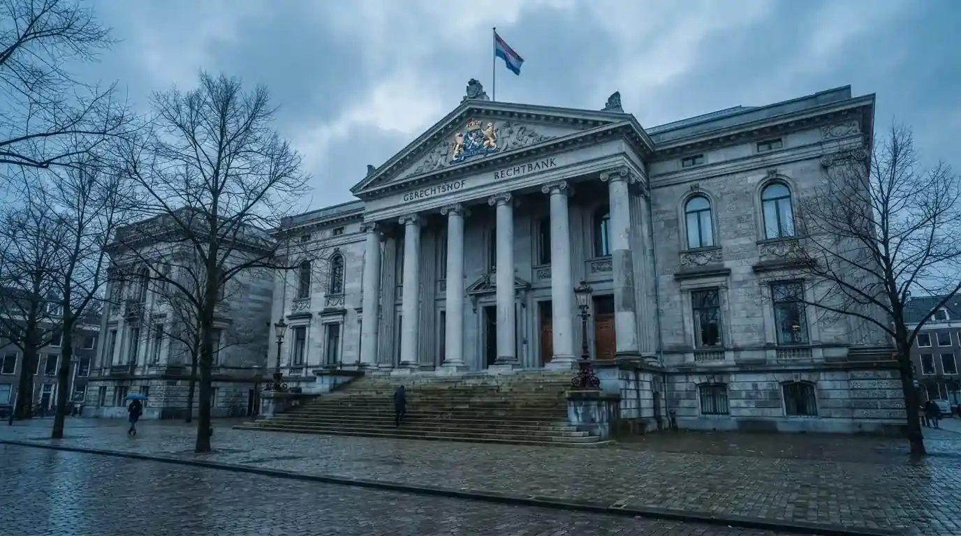 Een statig gerechtsgebouw met zuilen staat onder een bewolkte lucht in een Nederlandse stad.