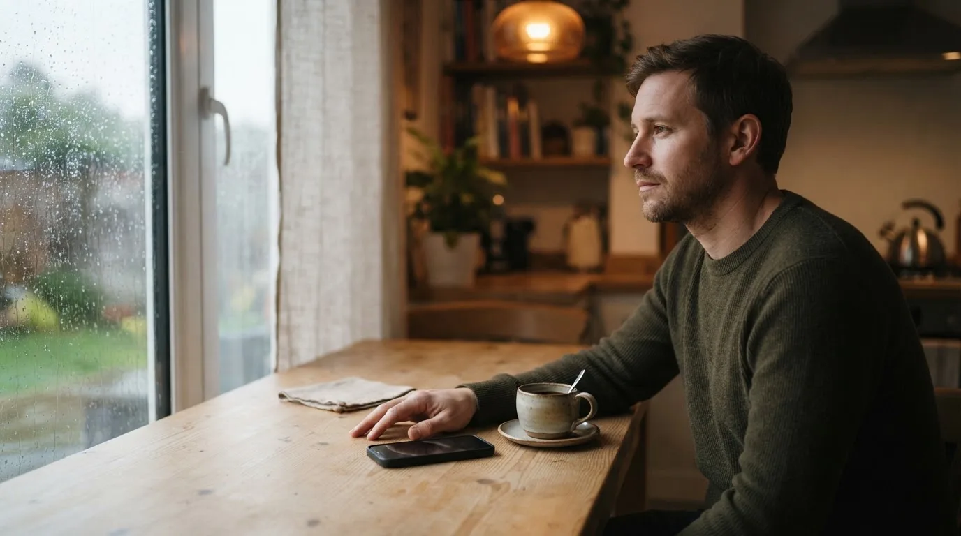 Een man legt zijn telefoon rustig weg en kijkt uit het raam met een kop koffie op tafel.