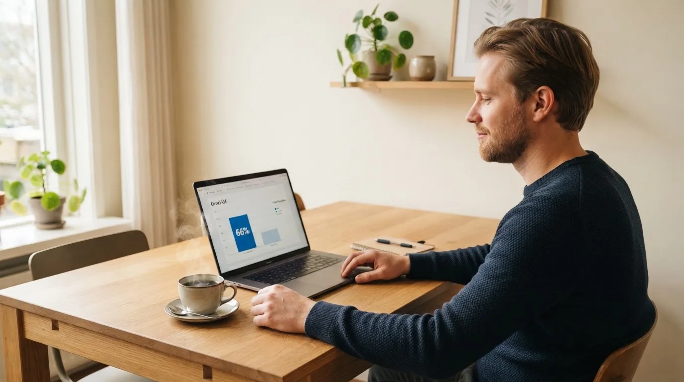 Een man zit thuis aan tafel met een kop koffie en bekijkt rustig zijn laptop.