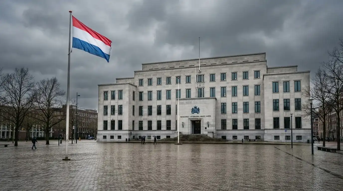 Een statig kantoorgebouw met een Nederlandse vlag ervoor onder een bewolkte hemel.