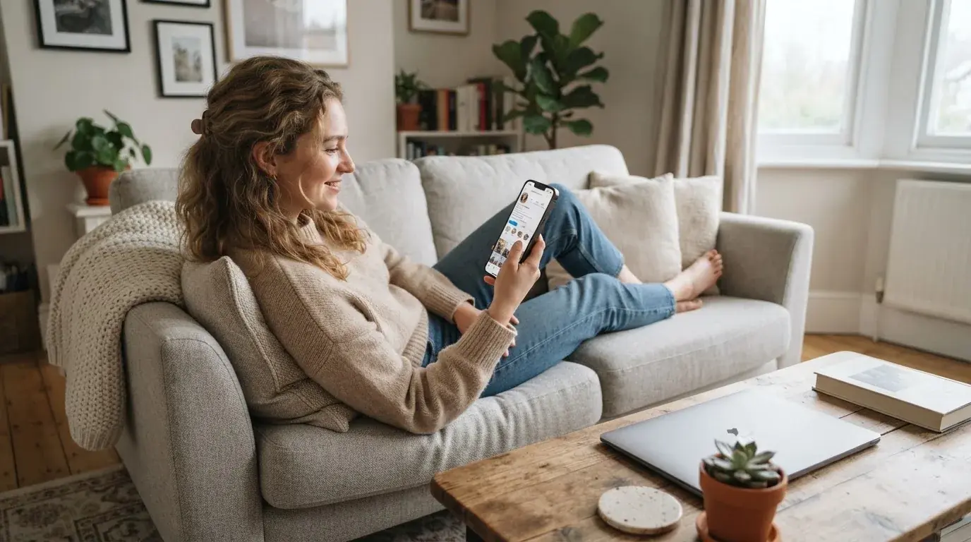 Een jonge vrouw zit ontspannen op de bank met een smartphone in haar hand, terwijl een laptop met onscherp scherm op de salontafel staat.