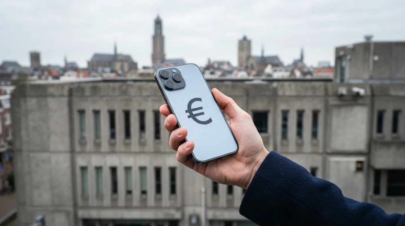 Een close-up van een hand die een smartphone vasthoudt buiten voor een grijs kantoorgebouw, met een wazige skyline van een Nederlandse stad op de achtergrond.