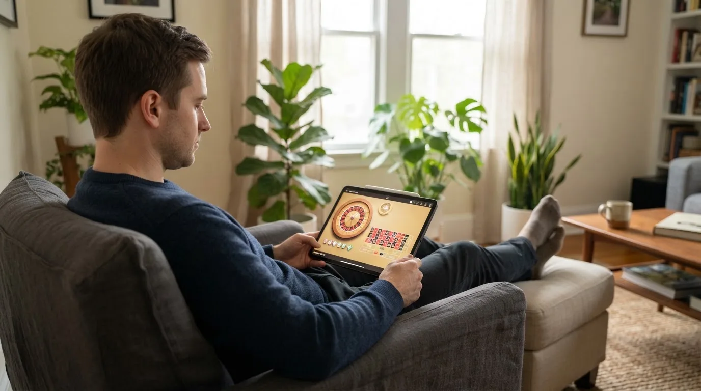 Een man leunt achterover op een stoel met een tablet op schoot, in een lichte woonkamer met planten op de achtergrond.