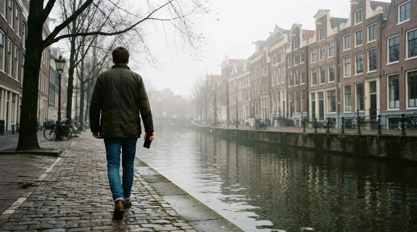 Een persoon loopt met een telefoon in de hand langs een grachtenpand in een Nederlandse stad, met wazige gevels op de achtergrond.