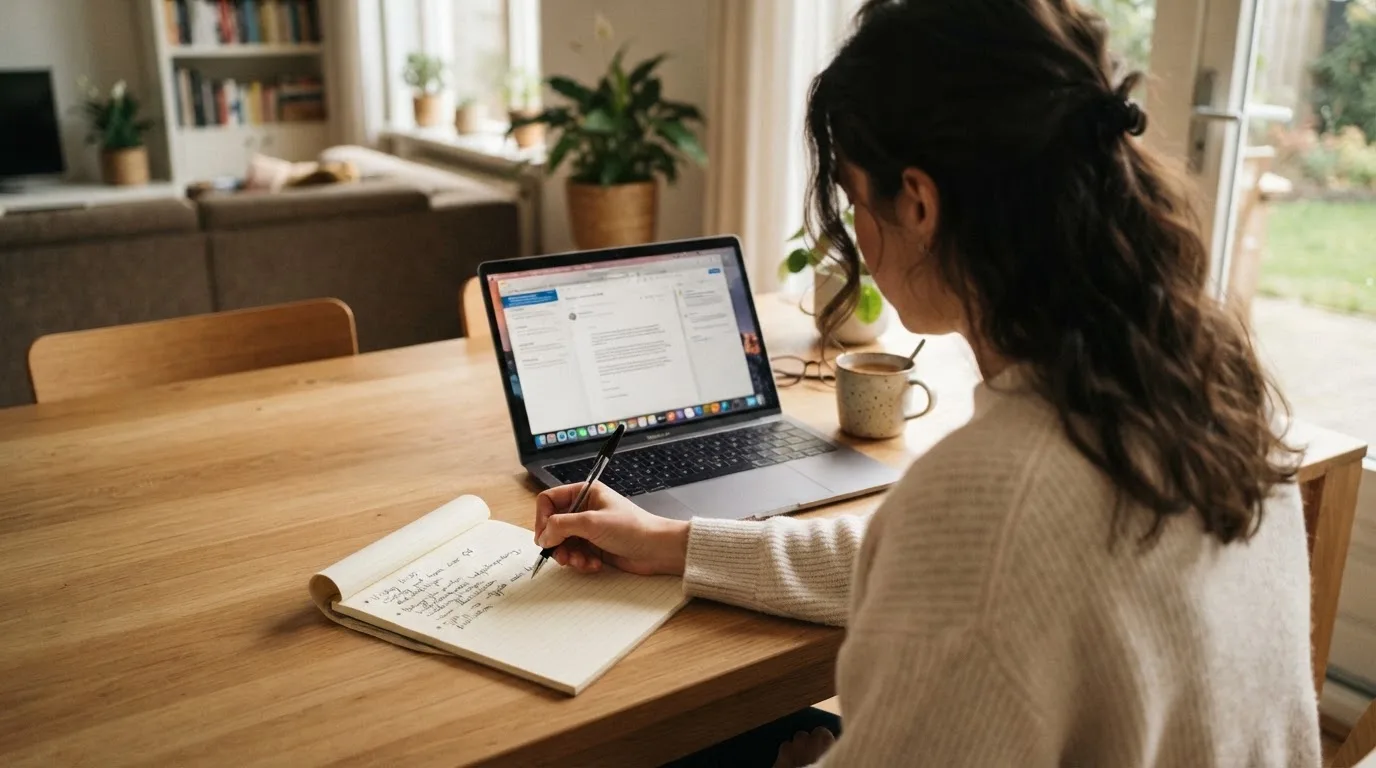 Een persoon zit aan een tafel met een laptop open en een notitieblok in zacht daglicht.