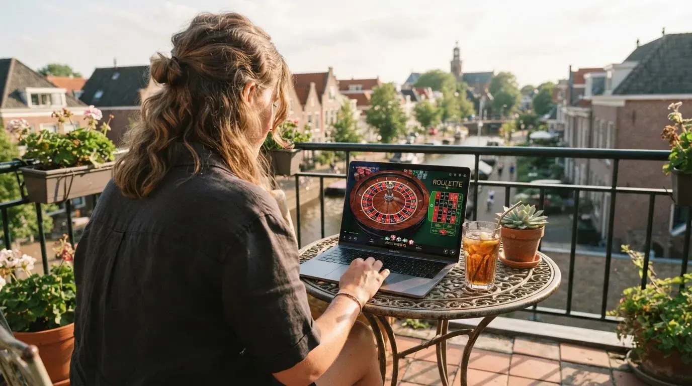 Een persoon zit op een balkon met een laptop open tijdens een zonnige namiddag.