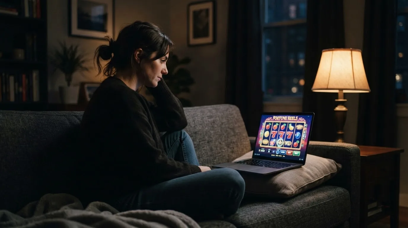 Een persoon zit alleen op een bank en kijkt bedachtzaam naar een laptop in de avond.