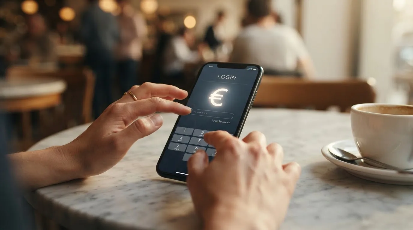 Close-up van handen die op een smartphone tikken naast een kop koffie op een tafel.
