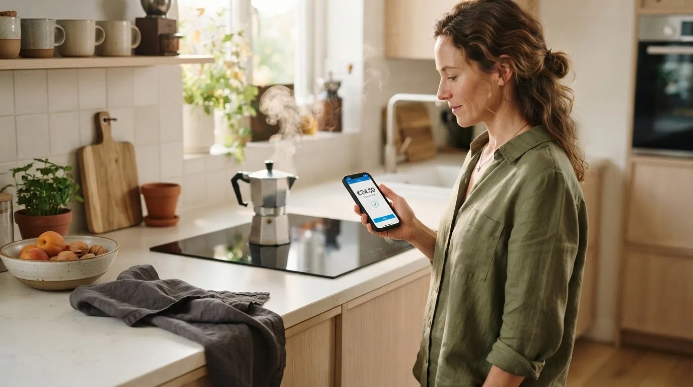Een volwassene staat in een keuken en bekijkt een smartphone terwijl er koffie wordt gezet.