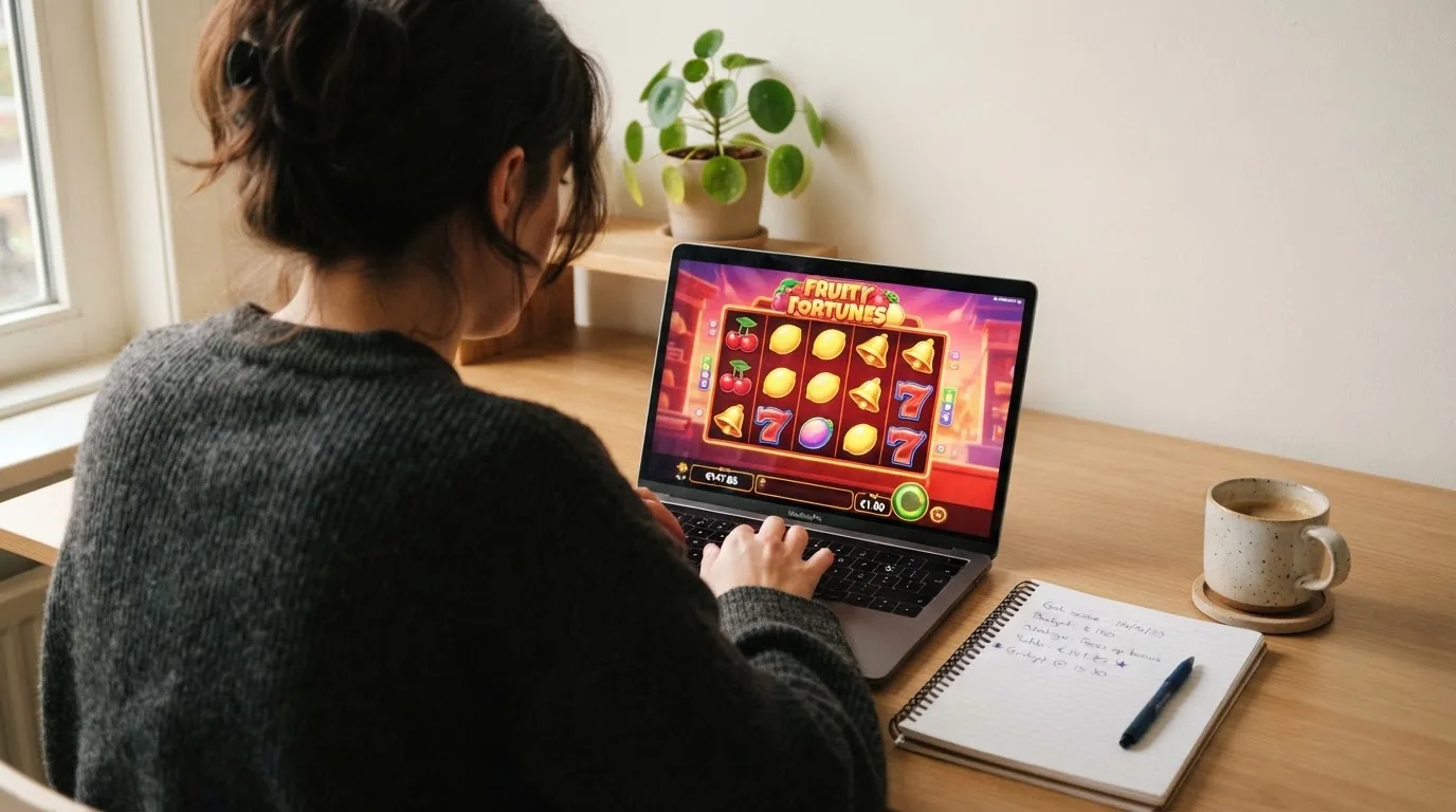 Een persoon zit aan een bureau thuis met een laptop en een notitieblok in daglicht.