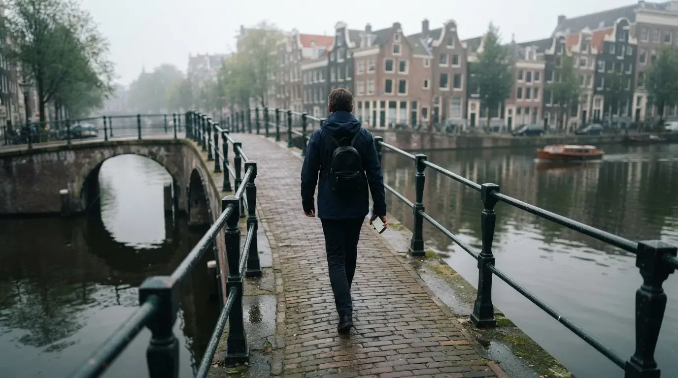 Een volwassene loopt over een brug in een Nederlandse stad met een telefoon in de hand.