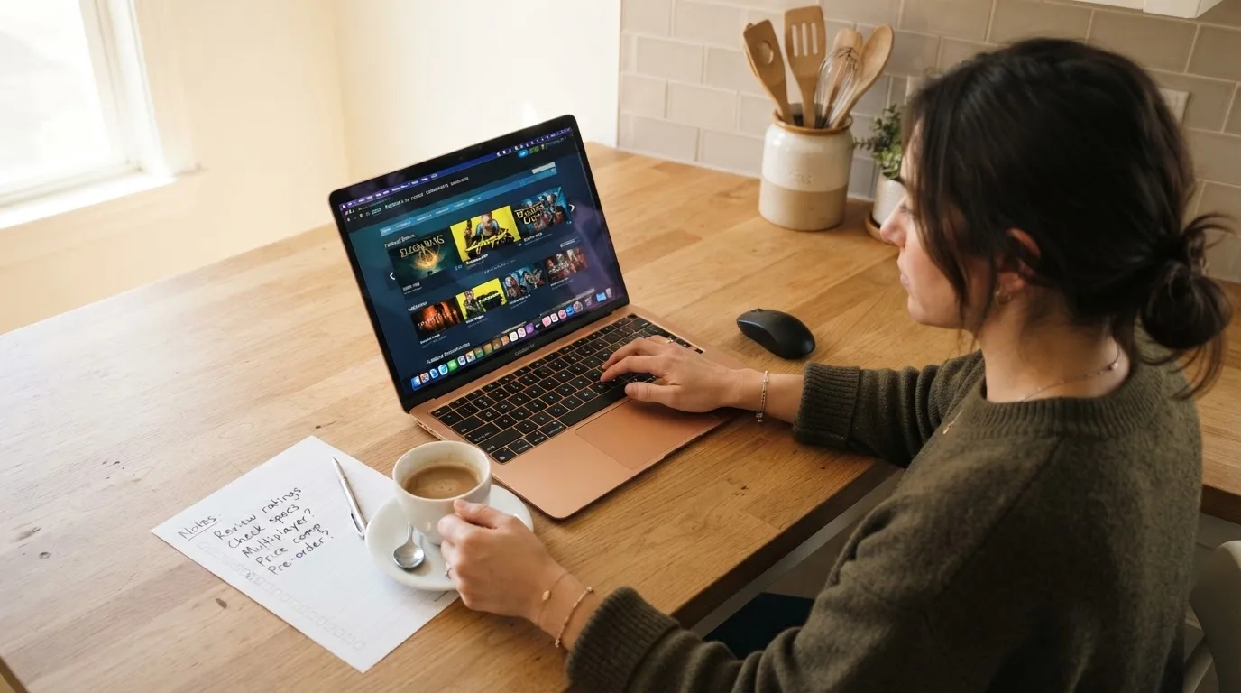 Een vrouw bekijkt rustig op haar laptop de opties voor online spelen aan de keukentafel, met een kopje koffie ernaast.