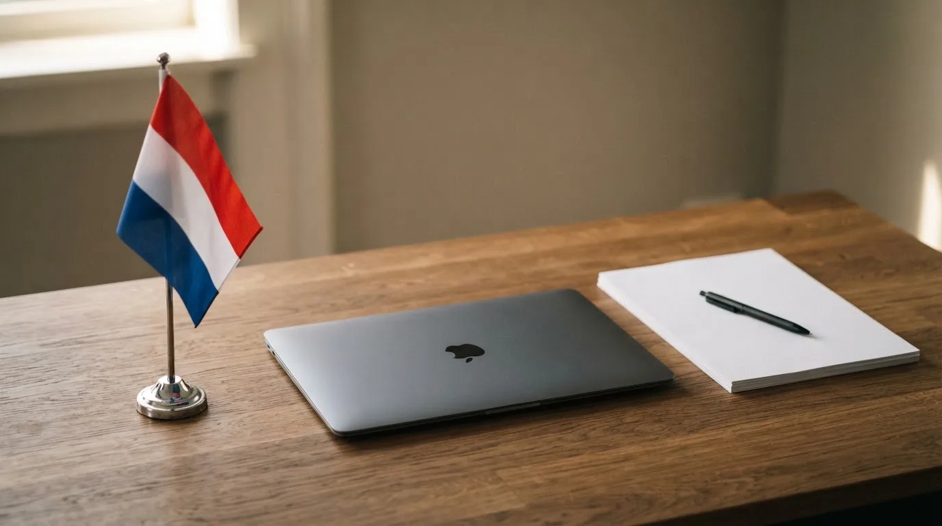 Een bureau met een Nederlandse vlag op een standaard naast een gesloten laptop, symbool voor regelgeving en toezicht op kansspelen.